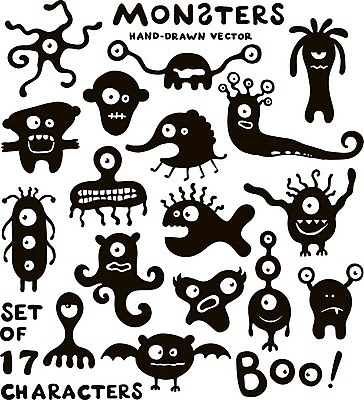 EPS 해외이미지 캐릭터 일러스트 흑백 어류 사람없음 외계인 손그림 원시시대 몬스터 해외202004 해외202105 해외일러스트 일러캐릭터 촬영기법 수중동물 미확인물체 역사 파일형식 벡터