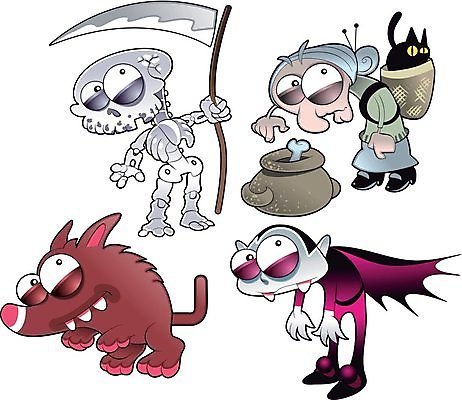 EPS 해외이미지 캐릭터 일러스트 뼈 사람없음 고양이 유령 냄비 늑대 흡혈귀 몬스터 해외202004 해외202105 해외일러스트 일러캐릭터 포유류 반려동물 솥 파일형식 벡터