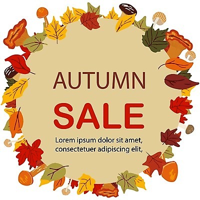 EPS 해외이미지 단풍 낙엽 일러스트 타이포그라피 사람없음 세일 버섯 가을 원형프레임 해외202004 해외202105 해외일러스트 문자 계절 잎 프레임 원형 파일형식 벡터
