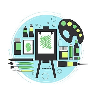 EPS 해외이미지 디자인 배너 백그라운드 일러스트 추상 아이디어 자 창조 사람없음 그래픽 세트 연필 노란색 페인트 인포그래픽 붓 플랫 디자이너 오브젝트 이젤 그림 예술가 핸드메이드 해외202004 해외202105 해외일러스트 직업 컬러 컨셉 무늬 문구용품 학용품 필기구 미술도구 파일형식 벡터