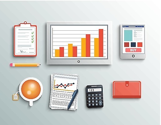 EPS 해외이미지 디자인 백그라운드 일러스트 통신 모바일 사람없음 그래픽 세트 펜 디지털 스크린 모니터 인포그래픽 계산기 정보 업무 플랫 책상 오브젝트 스타일 해외202004 해외202105 해외일러스트 가구 문구용품 컴퓨터 필기구 장비 작업 파일형식 벡터