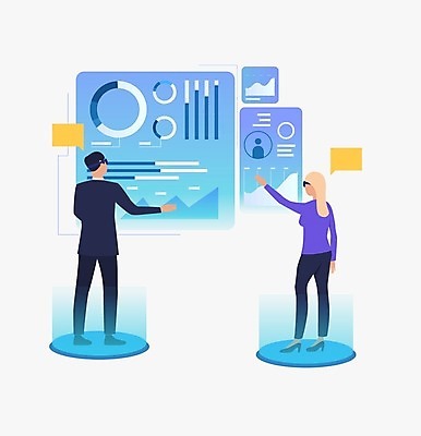 EPS 해외이미지 전신 여자 남자 일러스트 회의 서기 성인 두명 스크린 가리킴 업무 비즈니스맨 비즈니스우먼 스마트 터치스크린 홀로그램 가상현실 성인만 VR기기 해외202105 해외일러스트 컨셉 비즈니스 모션 사람 손짓 기계 작업 직장인 파일형식 벡터