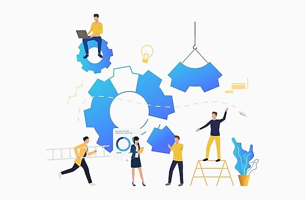 EPS 해외이미지 전신 여자 남자 화분 일러스트 전구 사다리 협력 여러명 성인 노트북 업무 비즈니스맨 비즈니스우먼 톱니바퀴 성인만 해외202105 해외일러스트 다수 비즈니스 사람 전자제품 도구 작업 직장인 파일형식 벡터