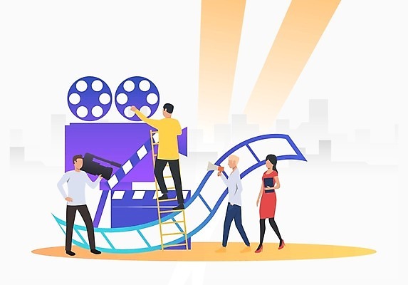 EPS 해외이미지 전신 여자 남자 일러스트 사다리 서기 들기 여러명 성인 카메라 확성기 비즈니스맨 비즈니스우먼 클래퍼보드 필름 영사기 성인만 해외202105 해외일러스트 다수 비즈니스 모션 사람 전자제품 도구 직장인 파일형식 벡터