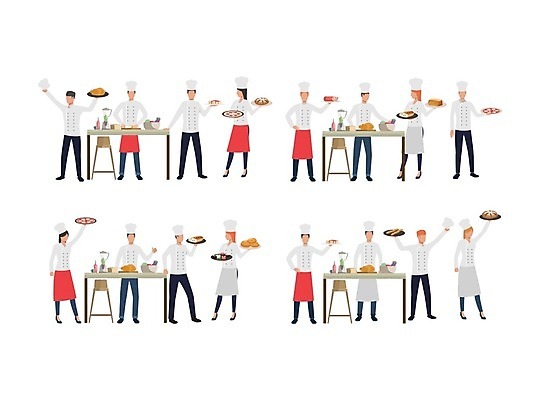 EPS 해외이미지 전신 여자 남자 의자 일러스트 탁자 요리 서기 들기 여러명 성인 요리사 만세 조리복 요리중 성인만 해외202105 해외일러스트 직업 가구 다수 유니폼 모션 사람 파일형식 벡터