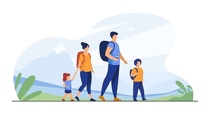 EPS 해외이미지 전신 여자 남자 딸 아들 어린이 하늘색 일러스트 배낭 엄마 들기 소년 여러명 성인 걷기 손잡기 하이킹 아빠 물병 해외202105 해외일러스트 다수 가방 가족 모션 레저 사람 파란색 물통 파일형식 벡터