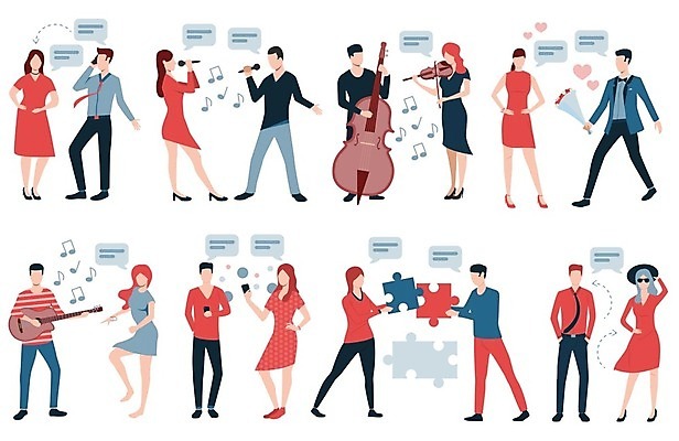EPS 해외이미지 전신 커플 여자 남자 꽃다발 포즈 말풍선 프로포즈 일러스트 노래 서기 들기 여러명 성인 스마트폰 기타 퍼즐 바이올린 마이크 퍼즐조각 콘트라베이스 성인만 해외202105 해외일러스트 꽃 음악 조각 음향기기 다수 관계 모션 현악기 사람 핸드폰 스마트기기 파일형식 벡터