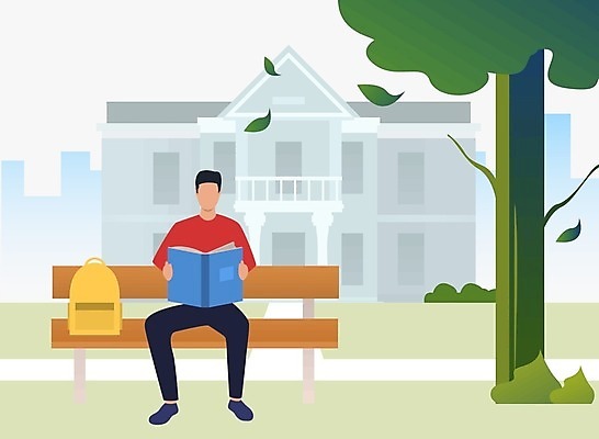 EPS 해외이미지 전신 나무 남자 벤치 일러스트 나뭇잎 책가방 한명 들기 앉기 성인 책 독서 대학교 성인남자한명만 해외202105 해외일러스트 식물 1 잎 의자 가방 학교 모션 사람 남자한명만 성인남자만 파일형식 벡터