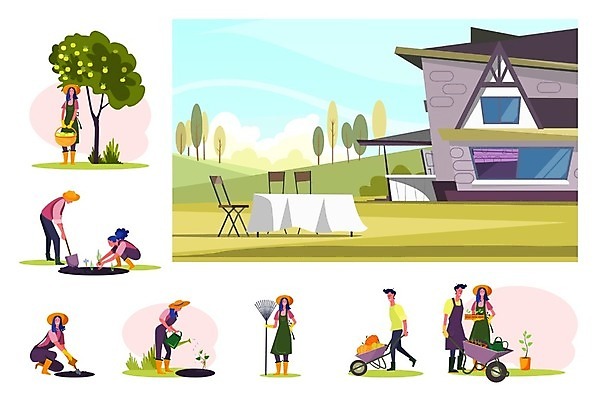 EPS 해외이미지 여자 남자 채소 일러스트 호박 주택 서기 들기 앉기 여러명 성인 바구니 물뿌리개 수확 농부 과일나무 삽 귀농 갈퀴 심기 외발수레 성인만 해외202105 해외일러스트 나무 직업 다수 농업 모션 사람 건물 수레 파일형식 벡터