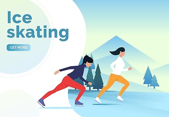 EPS 해외이미지 전신 여자 하늘색 일러스트 성인 두명 달리기 스케이트 빙판 아이스스케이트 성인여자만 해외202105 해외일러스트 스포츠용품 모션 사람 파란색 여자만 성인만 파일형식 벡터