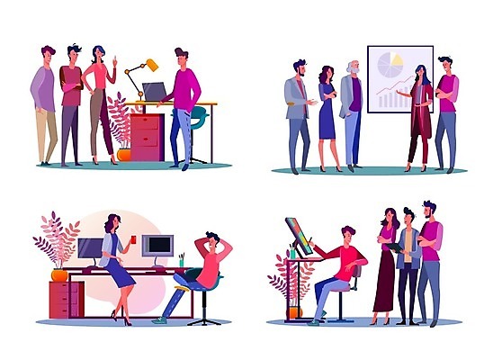 EPS 해외이미지 캐릭터 일러스트 그래프 직장 대화 사람 컴퓨터 사무실 업무 디자이너 고객 동료 그림 엘리먼트 프로젝트 해외202105 해외일러스트 일러캐릭터 직업 회사 비즈니스 관계 말하기 전자제품 작업 파일형식 벡터