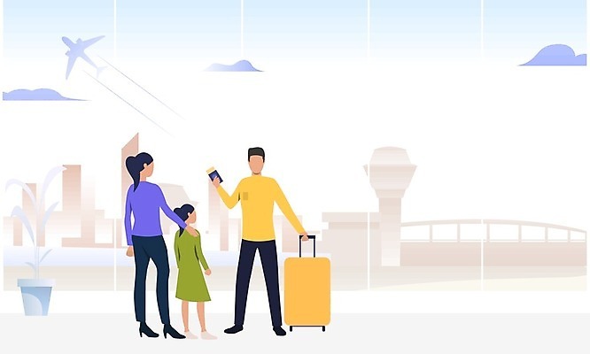 EPS 해외이미지 전신 여자 남자 딸 어린이 여행 일러스트 엄마 비행기 들기 성인 세명 캐리어 아빠 공항 출장 여권 마중 해외202105 해외일러스트 비즈니스 가족 항공교통 교통시설 모션 대중교통 사람 여행가방 파일형식 벡터