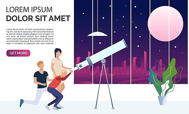 EPS 해외이미지 전신 여자 남자 별 일러스트 창문 서기 앉기 성인 세명 보라색 망원경 달 도시 천문관측 성인만 해외202105 해외일러스트 자연요소 컬러 모션 사람 관측 파일형식 벡터