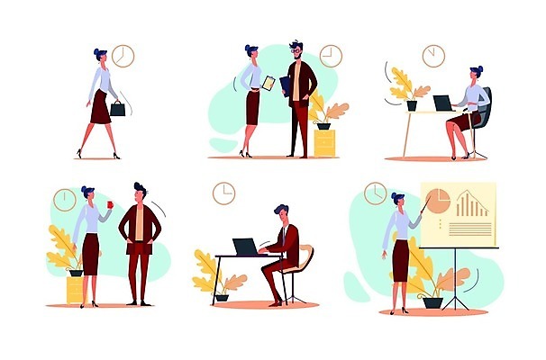 EPS 해외이미지 전신 여자 남자 시계 의자 일러스트 대화 서기 들기 앉기 여러명 성인 비즈니스라이프 노트북 업무 비즈니스맨 비즈니스우먼 발표 프레젠테이션 책상 동료 출근 사회생활 서류판 업무시간 성인만 해외202105 해외일러스트 라이프스타일 가구 다수 비즈니스 관계 모션 말하기 사람 전자제품 사무용품 작업 직장인 출퇴근 파일형식 벡터