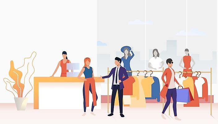 EPS 해외이미지 전신 옷 여자 남자 화분 일러스트 서기 들기 여러명 상반신 성인 쇼핑 쇼핑백 걷기 옷걸이 마네킹 계산대 옷가게 캐셔 성인만 해외202105 해외일러스트 직업 다수 가방 모션 사람 상점 파일형식 벡터