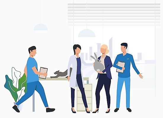 EPS 해외이미지 전신 여자 남자 화분 두마리 일러스트 서기 여러명 성인 반려동물 고양이 간호사 토끼 책상 동물병원 수의사 성인만 들어올리기 쓰다듬기 해외202105 해외일러스트 동물 가구 다수 2 포유류 모션 병원 사람 의료진 의사 파일형식 벡터