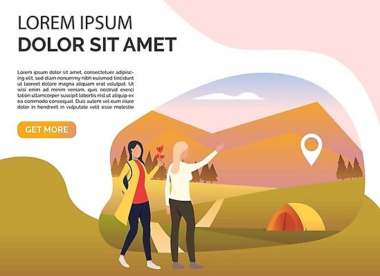 EPS 해외이미지 전신 여자 일러스트 산 텐트 서기 성인 두명 친구 캠핑 가리킴 위치 성인여자만 해외202105 해외일러스트 관계 모션 레저 캠핑도구 사람 손짓 여자만 성인만 파일형식 벡터