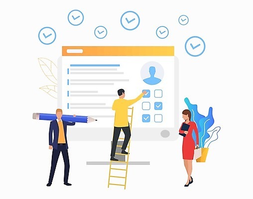 EPS 해외이미지 전신 여자 남자 일러스트 사다리 서기 들기 성인 세명 컴퓨터 모니터 비즈니스맨 비즈니스우먼 체크표시 환경설정 성인만 해외202105 해외일러스트 비즈니스 모션 사람 전자제품 도구 직장인 확인 설정 파일형식 벡터