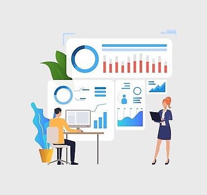 EPS 해외이미지 전신 여자 남자 화분 일러스트 그래프 서기 들기 앉기 성인 두명 컴퓨터 스크린 모니터 업무 비즈니스맨 비즈니스우먼 성인만 해외202105 해외일러스트 비즈니스 모션 사람 전자제품 작업 직장인 파일형식 벡터