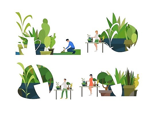 EPS 해외이미지 전신 식물 여자 남자 화분 어린이 잎 일러스트 가족 서기 앉기 소년 여러명 성인 모종삽 물병 책상 원예 해외202105 해외일러스트 가구 다수 관계 모션 사람 취미 삽 물통 파일형식 벡터