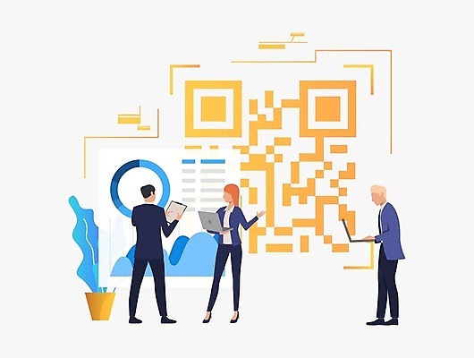 EPS 해외이미지 전신 여자 남자 화분 일러스트 그래프 서기 들기 성인 세명 노트북 업무 비즈니스맨 비즈니스우먼 QR코드 성인만 해외202105 해외일러스트 비즈니스 모션 사람 전자제품 작업 직장인 파일형식 벡터