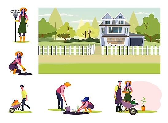 EPS 해외이미지 전신 나무 여자 남자 허리손 일러스트 주택 서기 앉기 성인 울타리 물뿌리개 농부 삽 원예 귀농 밭일 심기 외발수레 성인만 해외202105 해외일러스트 식물 직업 포즈 농업 모션 사람 취미 건물 담장 수레 파일형식 벡터