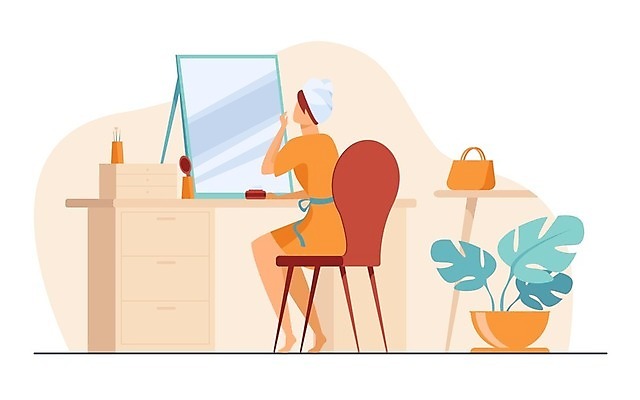EPS 해외이미지 전신 여자 화분 의자 일러스트 한명 앉기 성인 화장 주황색 거울 세수 피부관리 화장대 성인여자한명만 해외202105 해외일러스트 1 컬러 가구 모션 사람 뷰티 청결 여자한명만 성인여자만 파일형식 벡터