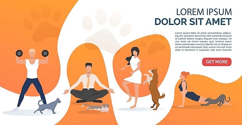 EPS 해외이미지 여자 남자 여러마리 일러스트 요가 들기 여러명 성인 운동 헬스 주황색 고양이 아령 요가자세 춤 강아지 명상 성인만 해외202105 해외일러스트 웰빙 컬러 포즈 다수 포유류 모션 문화예술 건강 사람 반려동물 개 파일형식 벡터