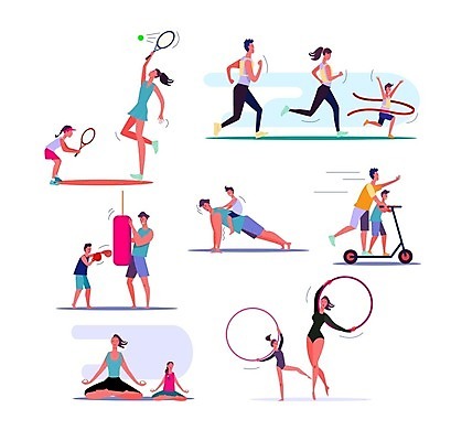 EPS 해외이미지 전신 여자 남자 어린이 일러스트 가족 모녀 서기 들기 앉기 소녀 소년 여러명 성인 테니스라켓 팔굽혀펴기 명상 체조 샌드백 러닝 퀵보드 펀치볼 부자지간 해외202105 해외일러스트 딸 아들 교통수단 다수 관계 모션 엄마 사람 운동 운동기구 테니스 라켓 아빠 파일형식 벡터