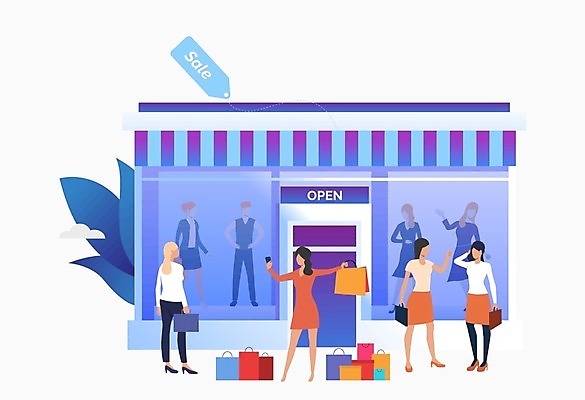 EPS 해외이미지 여자 일러스트 들기 여러명 성인 스마트폰 쇼핑 쇼핑백 세일 상점 오픈 마네킹 성인여자만 해외202105 해외일러스트 다수 가방 모션 사람 핸드폰 스마트기기 여자만 성인만 파일형식 벡터