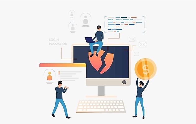 EPS 해외이미지 전신 여자 남자 일러스트 서기 들기 앉기 여러명 성인 컴퓨터 동전 키보드 속임수 범죄 보안 금화 해킹 해커 깨짐 방패모양 인터넷보안 성인만 해외202105 해외일러스트 모양 다수 컨셉 돈 모션 안전 사람 전자제품 황금 방패 파일형식 벡터