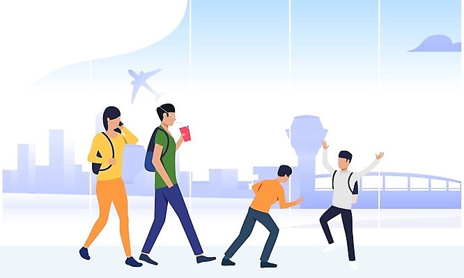 EPS 해외이미지 여자 남자 아들 음료 어린이 여행 하늘색 일러스트 가족여행 들기 소년 여러명 성인 스마트폰 만세 기다림 공항 주머니손 통화 해외202105 해외일러스트 다수 가족 교통시설 모션 사람 파란색 핸드폰 스마트기기 파일형식 벡터