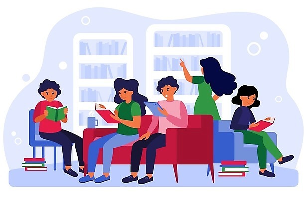 EPS 해외이미지 전신 여자 남자 하늘색 의자 일러스트 책장 들기 앉기 여러명 상반신 성인 책 소파 태블릿 독서 다리꼬기 가리킴 도서관 성인만 해외202105 해외일러스트 교육 가구 다수 모션 사람 손짓 파란색 전자제품 스마트기기 파일형식 벡터