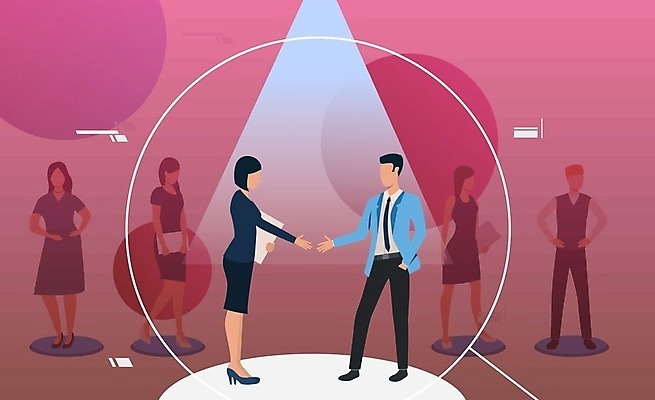 EPS 해외이미지 전신 여자 남자 일러스트 악수 서기 여러명 성인 비즈니스맨 비즈니스우먼 주머니손 스포트라이트 고용 채용 성인만 해외202105 해외일러스트 다수 비즈니스 모션 사람 손짓 구직 직장인 파일형식 벡터