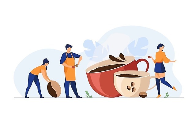 EPS 해외이미지 전신 여자 남자 커피 일러스트 서기 들기 성인 세명 원두 커피잔 바리스타 성인만 해외202105 해외일러스트 직업 음료 모션 잔 사람 파일형식 벡터