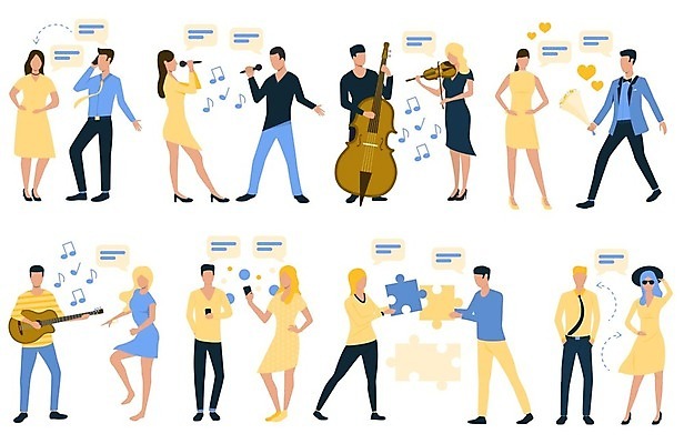EPS 해외이미지 커플 여자 남자 스포츠 꽃다발 연주 일러스트 노래 들기 여러명 성인 스마트폰 기타 춤 바이올린 마이크 퍼즐조각 콘트라베이스 성인만 해외202105 해외일러스트 꽃 음악 조각 음향기기 다수 관계 모션 현악기 문화예술 사람 핸드폰 스마트기기 퍼즐 파일형식 벡터