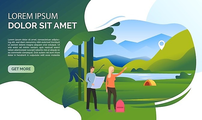 EPS 해외이미지 전신 여자 남자 지도 가방 일러스트 산 서기 들기 성인 두명 초록색 캠핑 가리킴 성인만 해외202105 해외일러스트 잡화 컬러 모션 레저 사람 손짓 파일형식 벡터