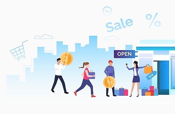 EPS 해외이미지 전신 여자 남자 하늘색 일러스트 들기 여러명 성인 스마트폰 쇼핑백 세일 상점 동전 오픈 성인만 해외202105 해외일러스트 다수 돈 가방 모션 사람 파란색 핸드폰 스마트기기 파일형식 벡터