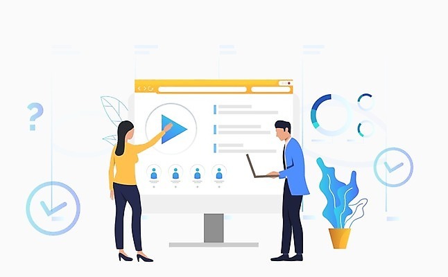 EPS 해외이미지 전신 여자 남자 화분 일러스트 그래프 서기 들기 성인 두명 노트북 손들기 모니터 비즈니스맨 비즈니스우먼 체크표시 손뻗기 온라인강의 플레이 성인만 웨비나 해외202105 해외일러스트 비즈니스 모션 사람 전자제품 컴퓨터 직장인 강의 확인 세미나 파일형식 벡터 언택트