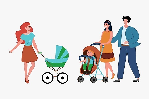 EPS 해외이미지 전신 여자 남자 어린이 일러스트 서기 앉기 여러명 성인 아기 잡기 유모차 해외202105 해외일러스트 다수 모션 사람 아기용품 파일형식 벡터