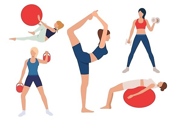 EPS 해외이미지 전신 여자 일러스트 서기 들기 여러명 성인 눕기 스트레칭 아령 요가자세 짐볼 다리들기 케틀벨 성인여자만 해외202105 해외일러스트 포즈 다수 요가 모션 사람 운동 여자만 성인만 파일형식 벡터