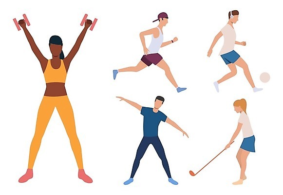 EPS 해외이미지 전신 여자 남자 일러스트 축구공 팔벌리기 서기 들기 여러명 성인 운동복 달리기 헤드폰 스트레칭 아령 골프채 공차기 성인만 해외202105 해외일러스트 옷 음향기기 다수 공 축구용품 모션 골프용품 사람 운동 파일형식 벡터