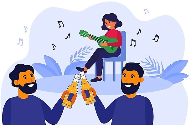 EPS 해외이미지 전신 여자 남자 하늘색 잎 연주 의자 음표 일러스트 맥주 들기 앉기 상반신 성인 세명 다리꼬기 기타 건배 맥주잔 성인만 해외202105 해외일러스트 식물 기호 음악 가구 술잔 모션 현악기 주류 사람 파란색 파일형식 벡터