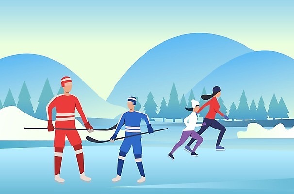 EPS 해외이미지 여자 어린이 하늘색 겨울 일러스트 산 들기 소년 여러명 성인 손잡기 스케이트 아이스하키 빙판 하키채 해외202105 해외일러스트 계절 남자 스포츠용품 다수 모션 겨울스포츠 사람 파란색 하키 하키용품 파일형식 벡터