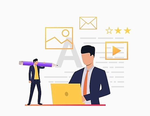 EPS 해외이미지 전신 남자 일러스트 서기 들기 상반신 성인 두명 노트북 연필 업무 비즈니스맨 이메일 그림 동영상 문서작성 문서작업 성인남자만 해외202105 해외일러스트 비즈니스 모션 학용품 사람 전자제품 필기구 작업 직장인 남자만 성인만 파일형식 벡터