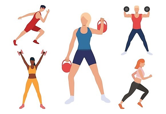 EPS 해외이미지 전신 여자 남자 일러스트 서기 들기 성인 운동복 달리기 헬스 아령 케틀벨 성인만 해외202105 해외일러스트 옷 모션 사람 운동 파일형식 벡터