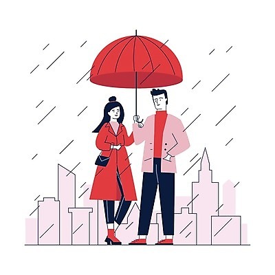 EPS 해외이미지 커플 일러스트 우산 비즈니스 남편 바람 거리 함께함 서기 사람 건물 빨간색 고층빌딩 도시 아내 기다림 떨어짐 타운 해외202105 해외일러스트 자연요소 건축물 컬러 컨셉 관계 모션 날씨 빌딩 파일형식 벡터