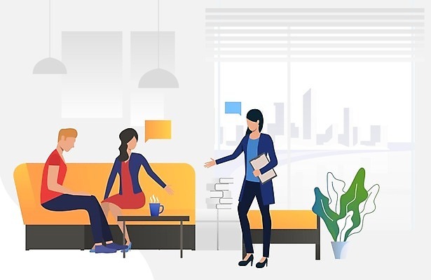 EPS 해외이미지 전신 부부 여자 남자 커피 말풍선 일러스트 탁자 대화 서기 들기 앉기 성인 세명 손들기 가리킴 상담원 커피잔 상담실 성인만 심리상담 해외202105 해외일러스트 커플 음료 가구 모션 잔 말하기 사람 손짓 사무원 상담 파일형식 벡터