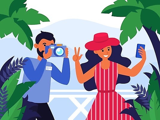 EPS 해외이미지 여자 남자 여행 잎 일러스트 들기 상반신 성인 두명 스마트폰 야자수 카메라 사진촬영 셀프카메라 브이 성인만 해외202105 해외일러스트 나무 식물 모션 사람 손짓 전자제품 핸드폰 스마트기기 촬영 파일형식 벡터