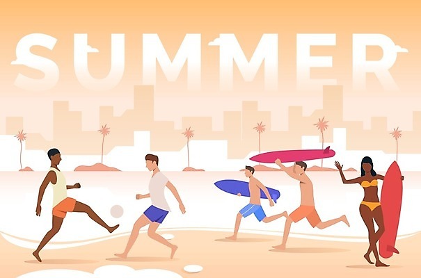 EPS 해외이미지 전신 여자 남자 수영복 일러스트 공 서기 여러명 성인 타이포그라피 비키니 달리기 주황색 서핑보드 성인만 해외202105 해외일러스트 문자 옷 컬러 다수 모션 사람 보드_스포츠 파일형식 벡터